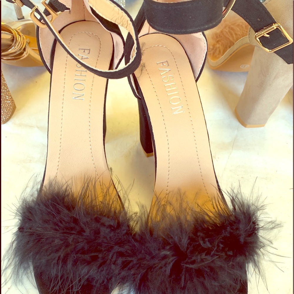 Black W/ Feathers Strappy High Heel Pumps
